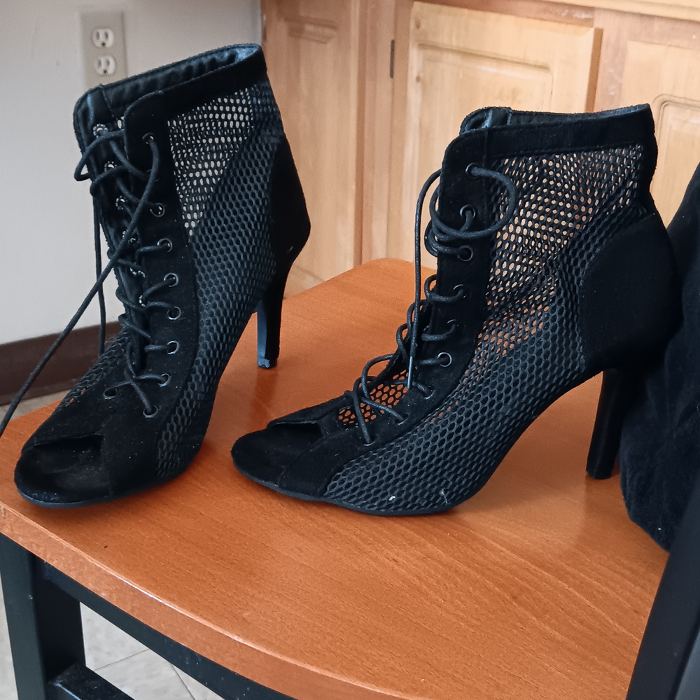 Black Mesh Lace-Up Heels